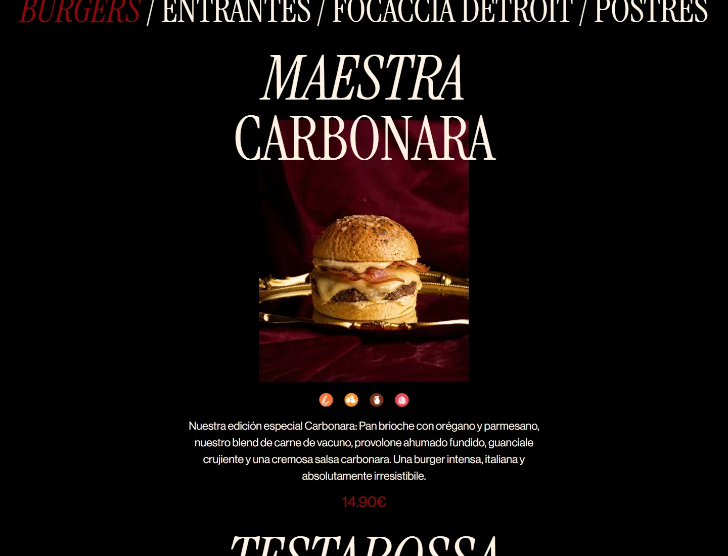 BURGACCIA menu showing a burger photograph and description.