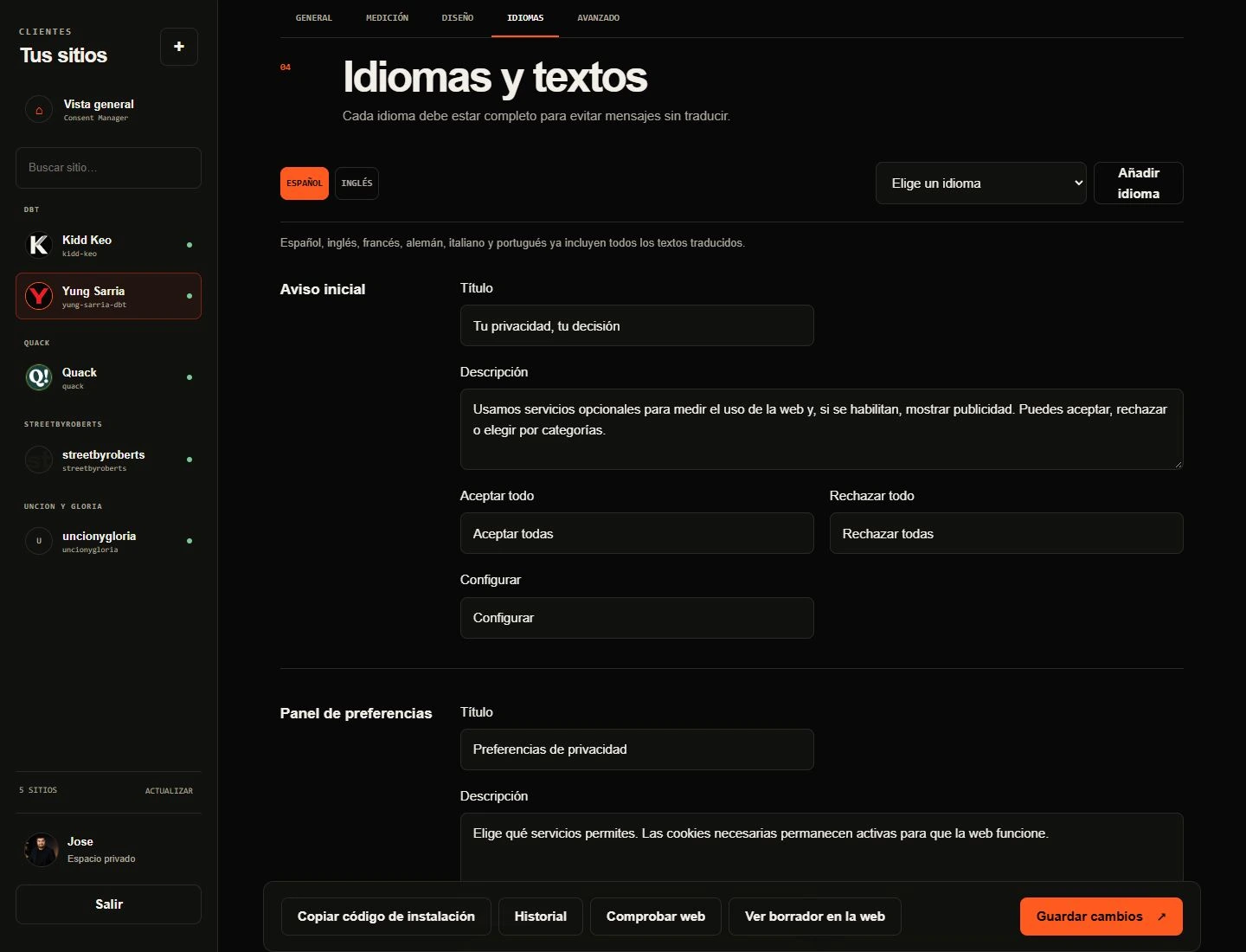 Yung Sarria’s language editor in Consent Manager, showing the Spanish notice and all five sites without filtering.