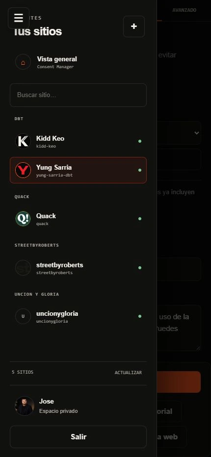 Consent Manager’s five-site list on mobile, with the search field empty.