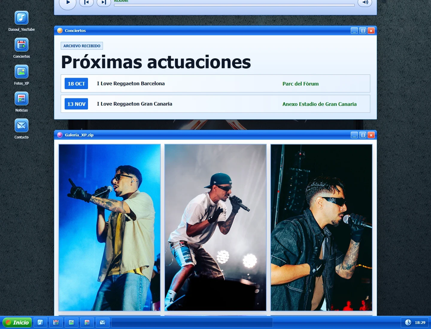 DASOUL’s upcoming shows in a desktop-style window.