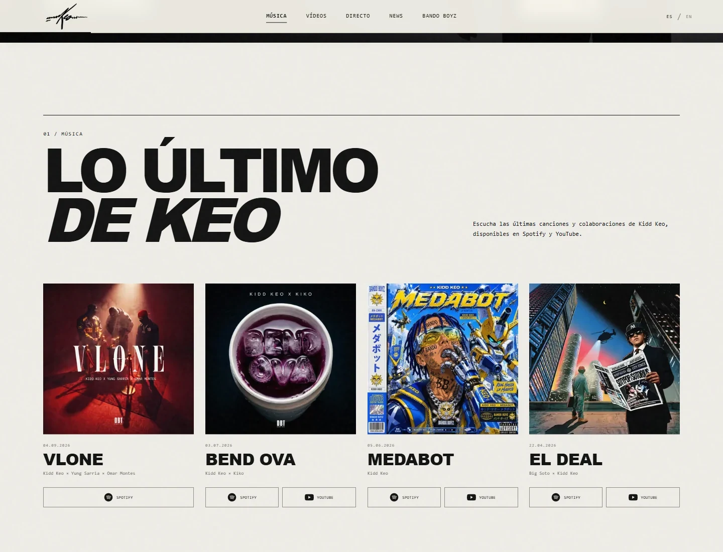 The music section of Kidd Keo’s website, with cover art and listening links.