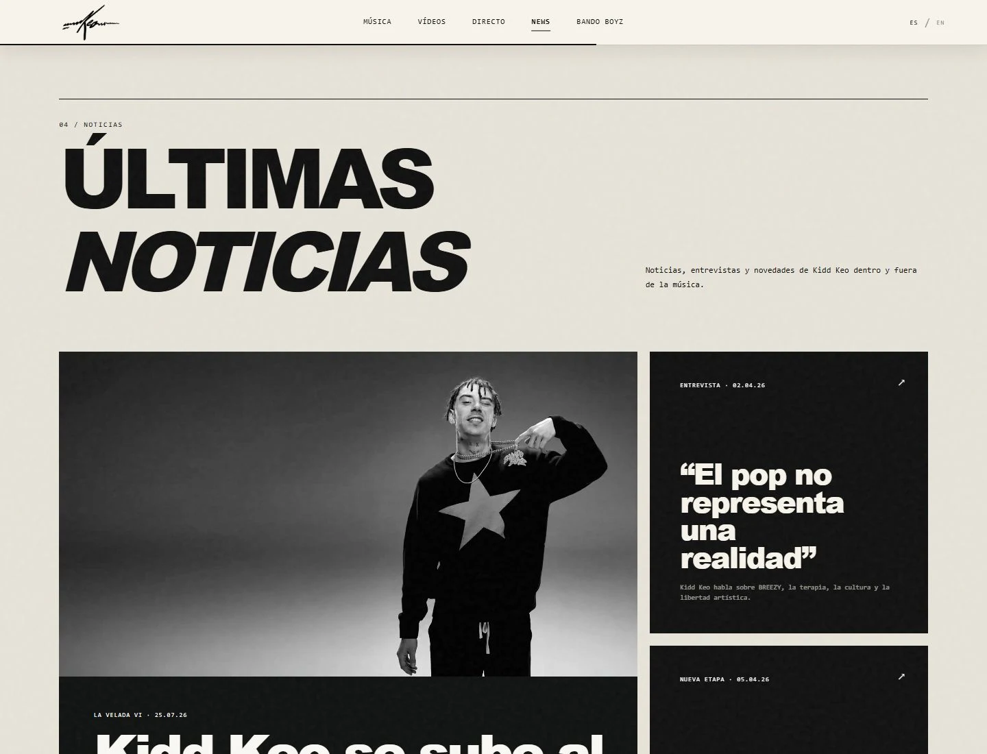 The news and interviews section of Kidd Keo’s website.