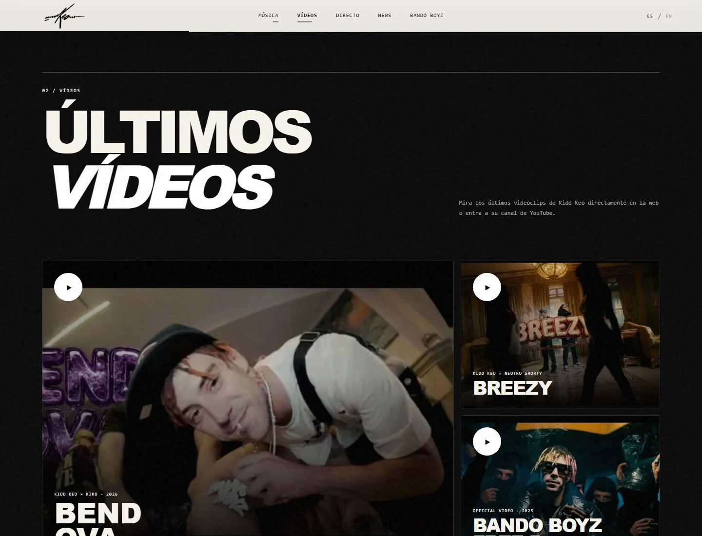 Kidd Keo’s video section, featuring BEND OVA and other music videos.
