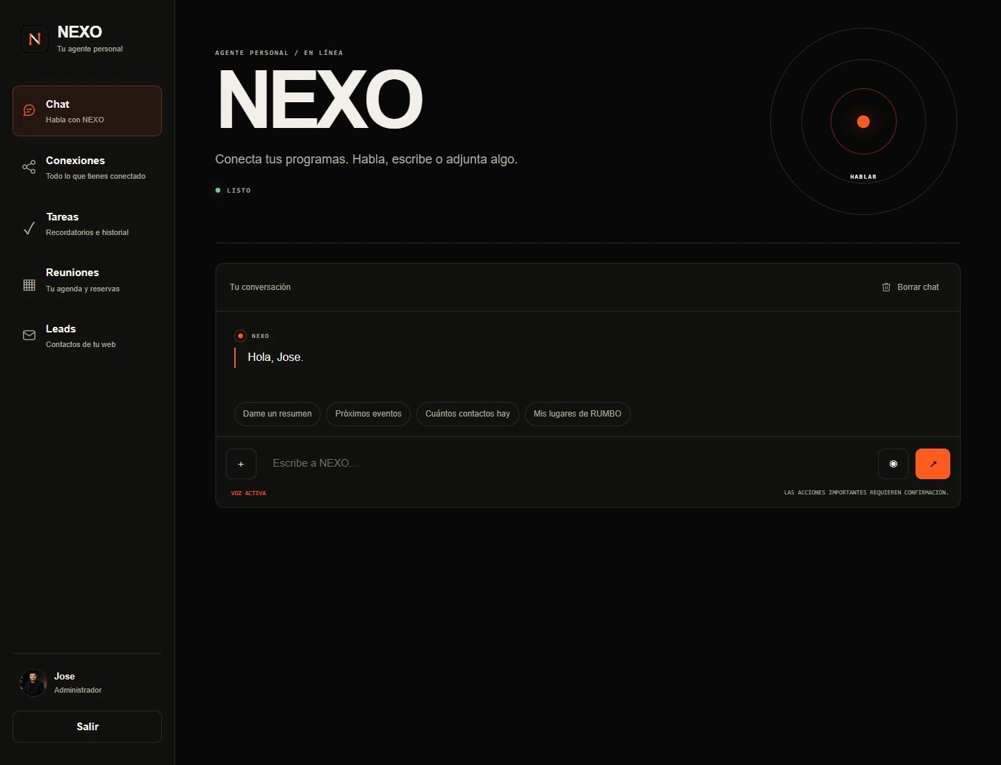 Captura real de NEXO.
