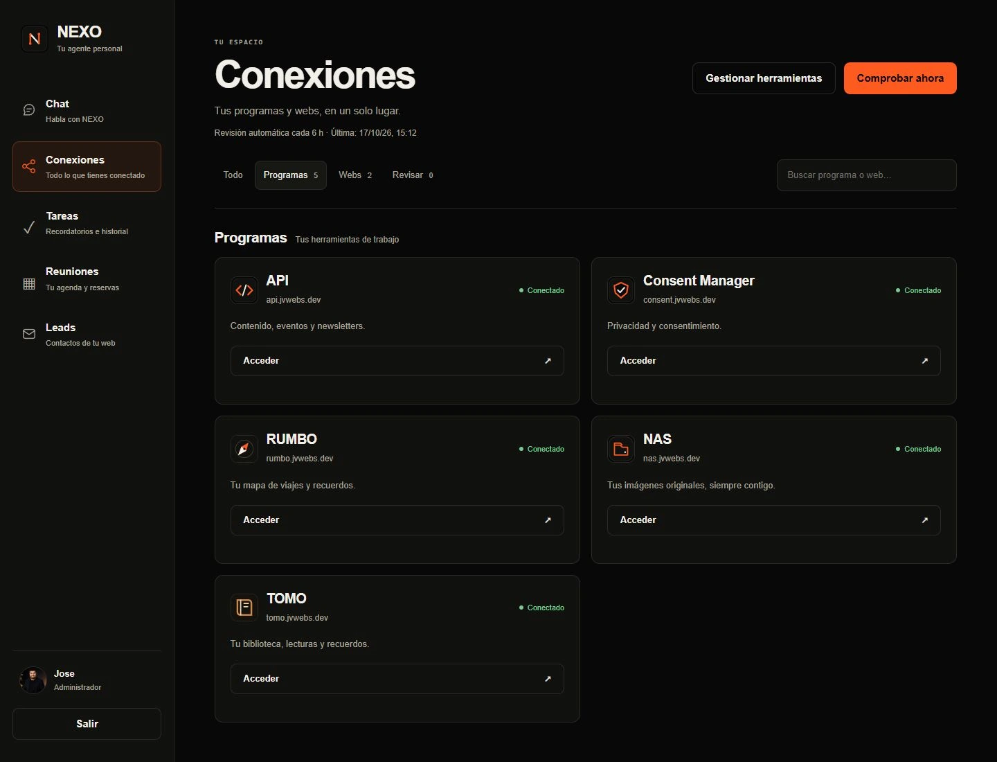 NEXO’s Programs view, with its connected tools and Meetings in the sidebar.
