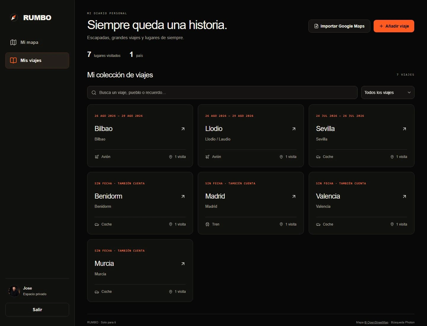 RUMBO’s trip collection, with city cards, search and a filter.