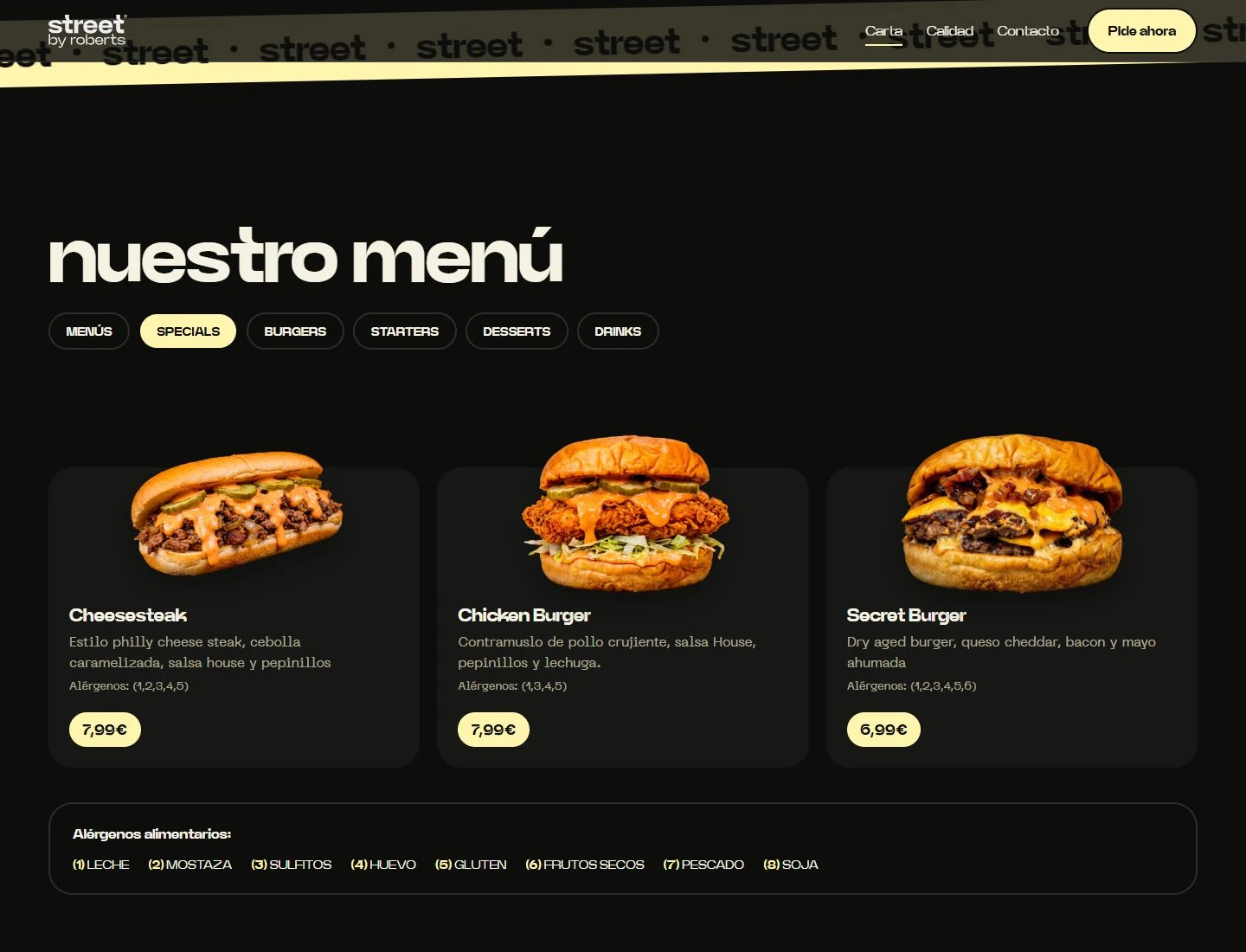 Street by Robert’s desktop menu with the Specials category selected.
