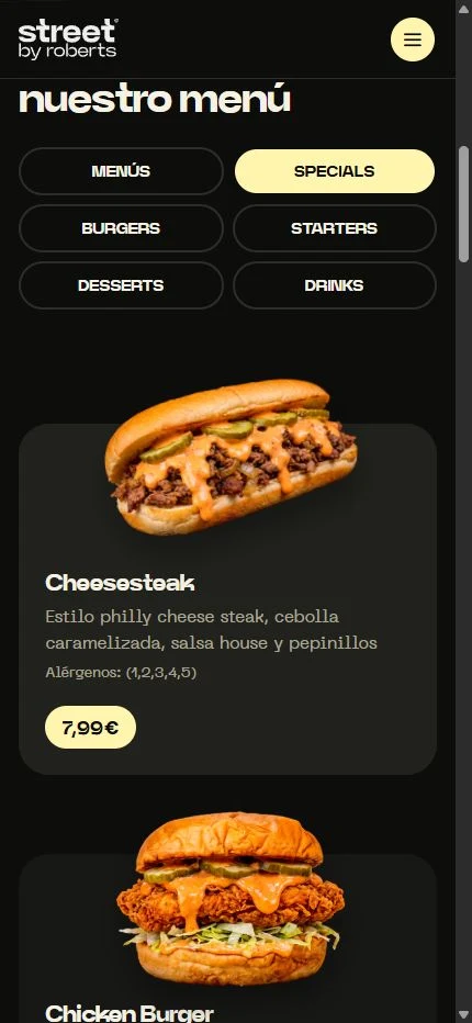 Street by Robert’s mobile menu showing Specials and the Cheesesteak item.