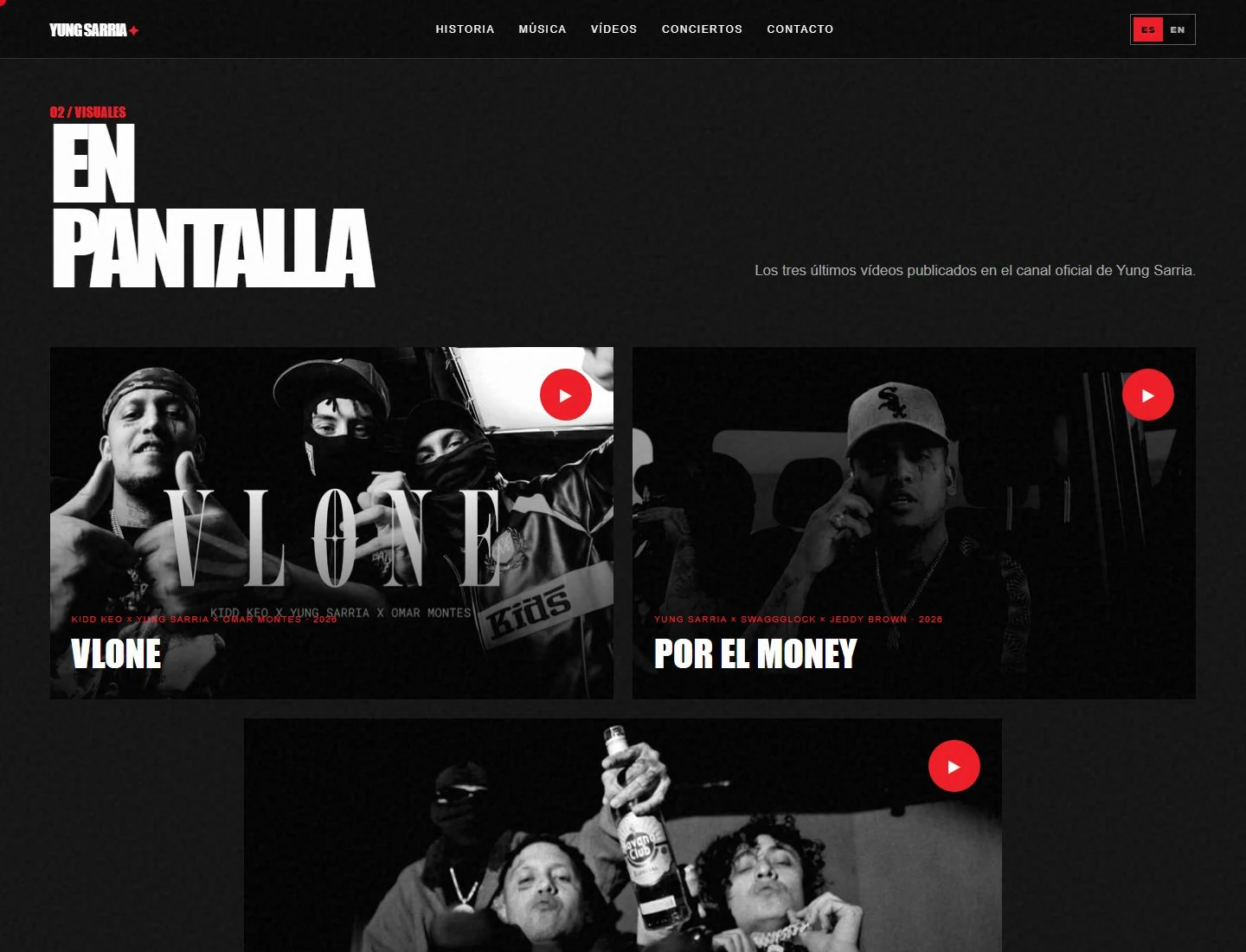 Sección En pantalla de Yung Sarria, con los vídeos VLONE, Por el Money y Porcelana.